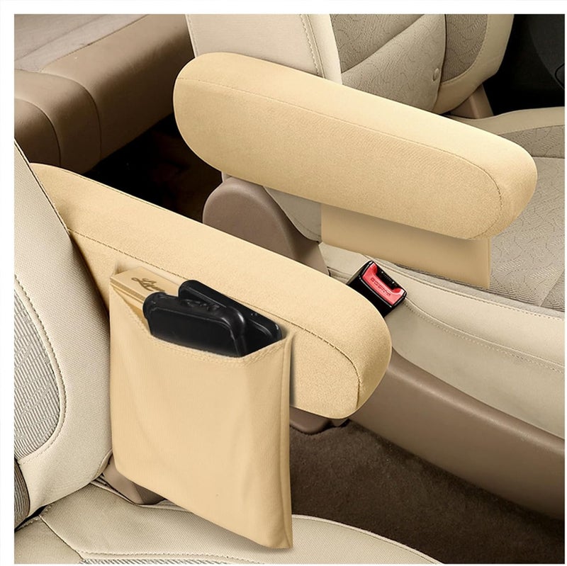 Figpade 2PCS Arm Rest Cover for Car with Side Pocket,All Seasons Car Armrest Cover Car Organizer Protects Armrest and Car Decorations,Universal Car Accessories Interior Armrest Cover for Car (Beige) - Image 1